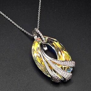 Danbury Mint "Shimmering Sea" Crystal Oval AB Pendant Necklace Silver Tone